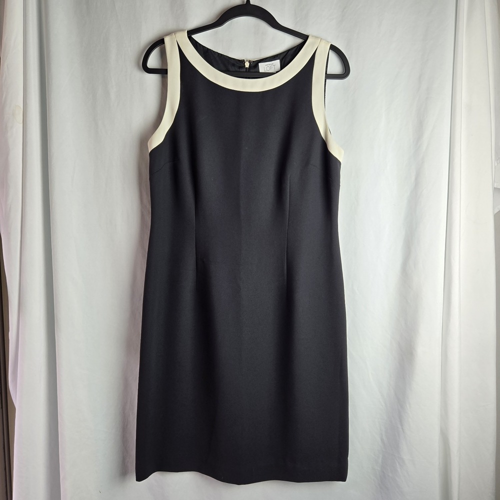 Ann Taylor Loft Sleeveless Sheath Dress Black Cream Womens 14P Office Career